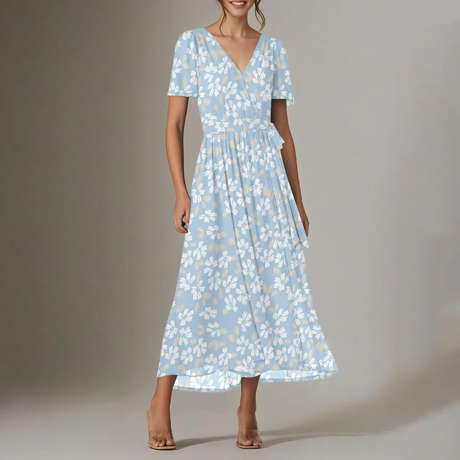 Floral Maxi Dresses for Women 2025 Vacation Casual Short Sleeve V Neck Long Flowy Dress Modest A Line Wrap Dress