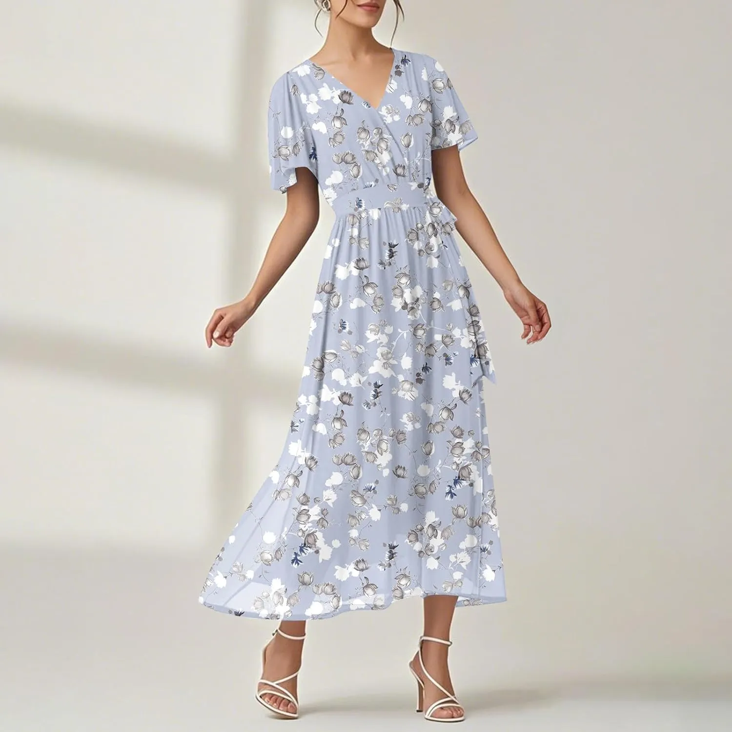 Floral Maxi Dresses for Women 2025 Vacation Casual Short Sleeve V Neck Long Flowy Dress Modest A Line Wrap Dress