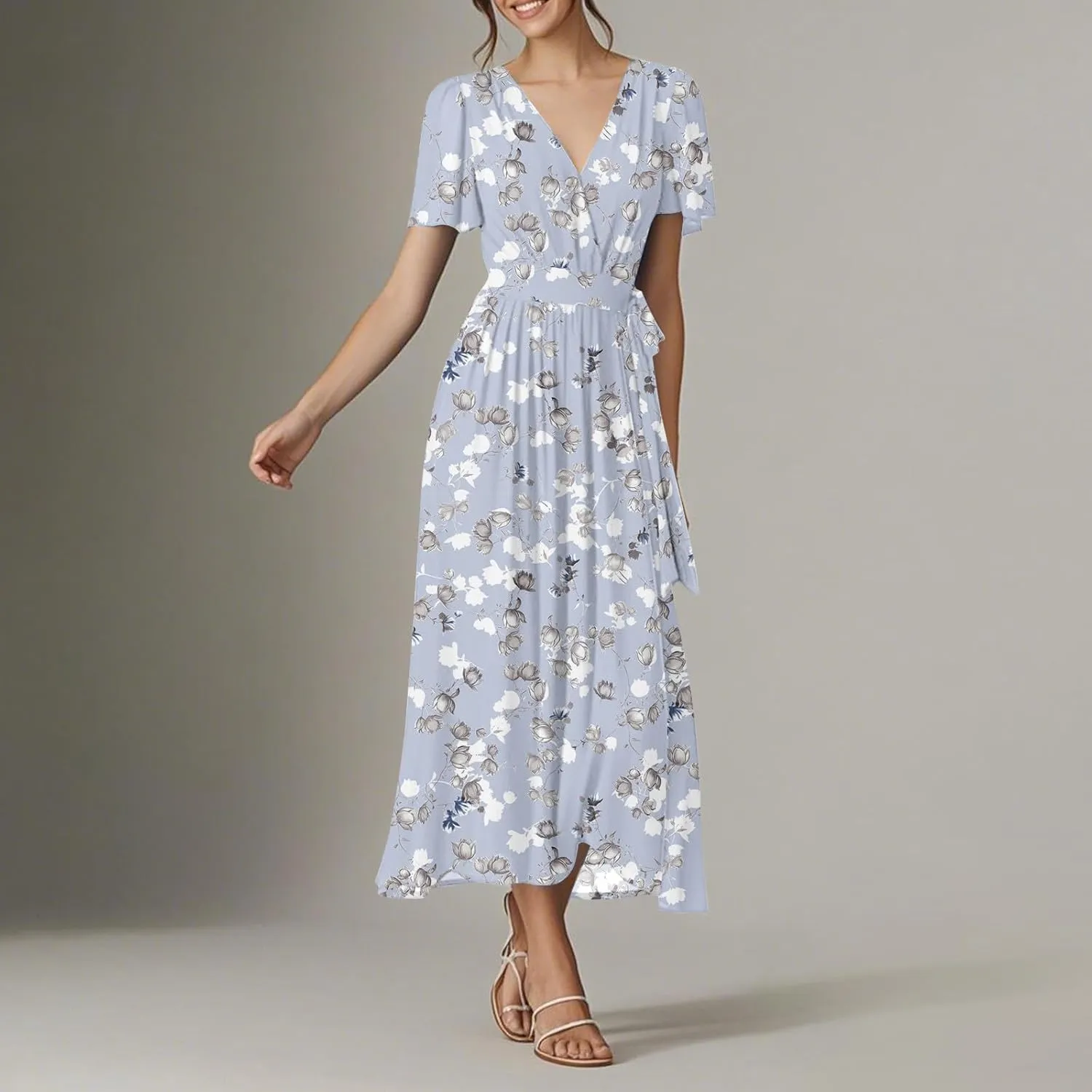 Floral Maxi Dresses for Women 2025 Vacation Casual Short Sleeve V Neck Long Flowy Dress Modest A Line Wrap Dress