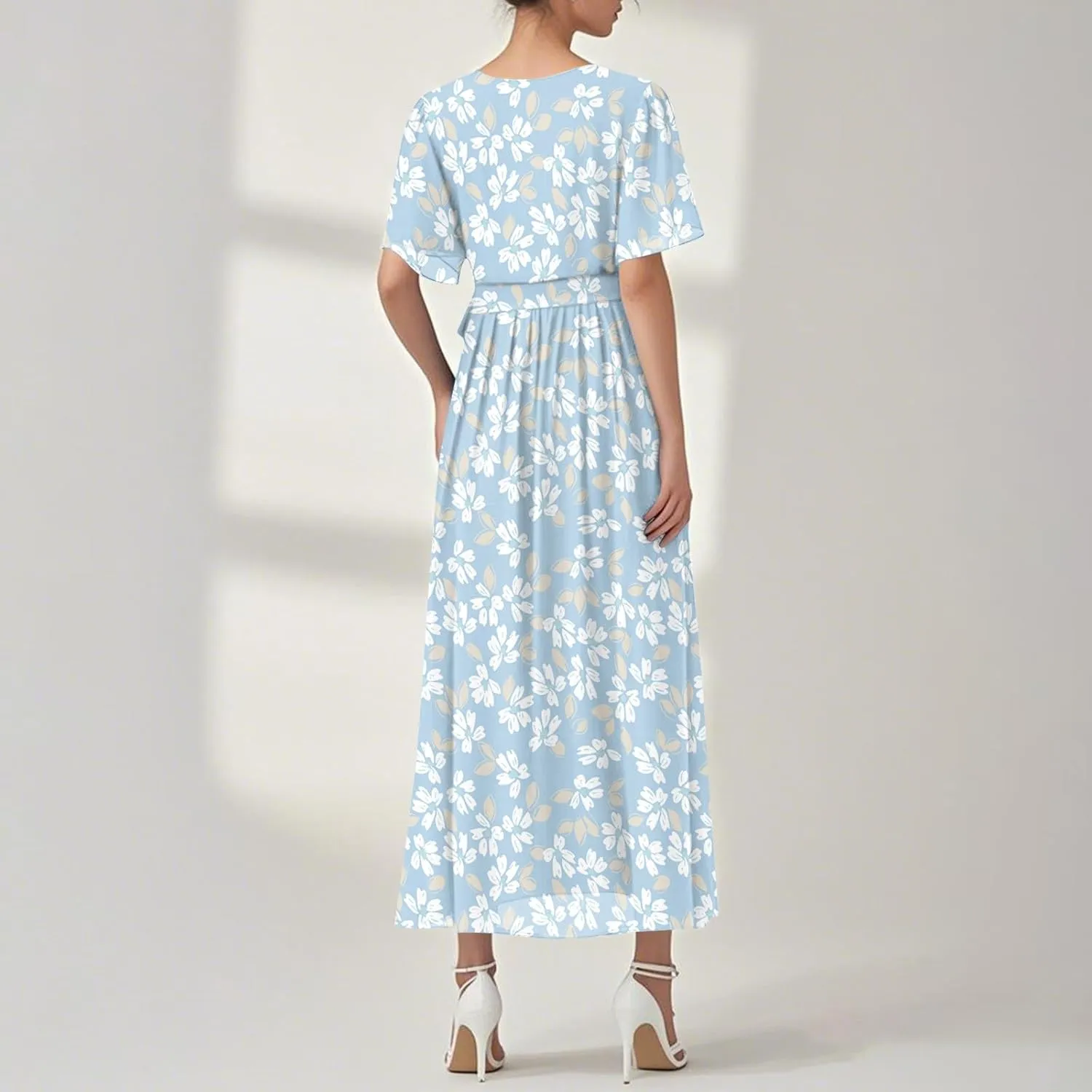 Floral Maxi Dresses for Women 2025 Vacation Casual Short Sleeve V Neck Long Flowy Dress Modest A Line Wrap Dress