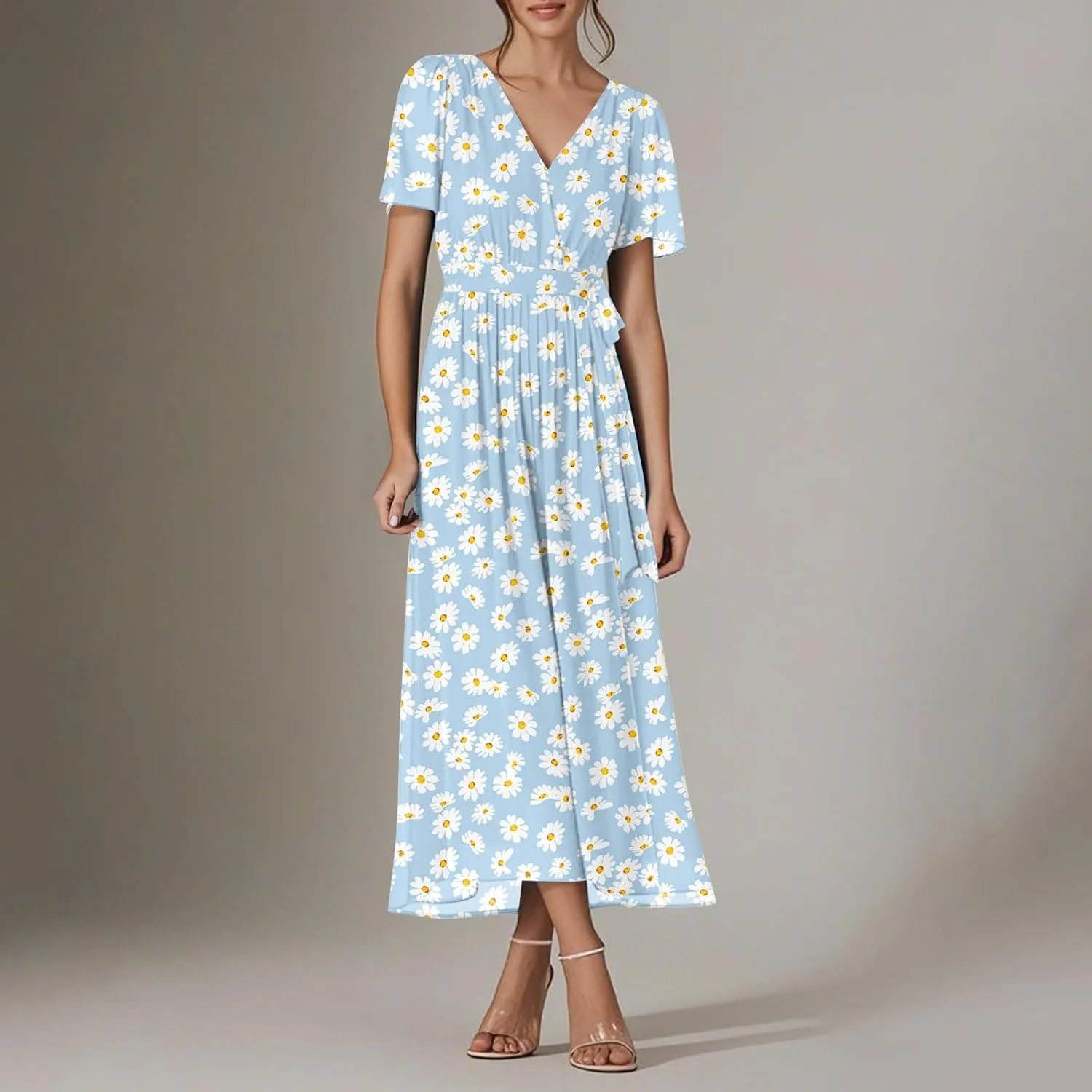 Floral Maxi Dresses for Women 2025 Vacation Casual Short Sleeve V Neck Long Flowy Dress Modest A Line Wrap Dress