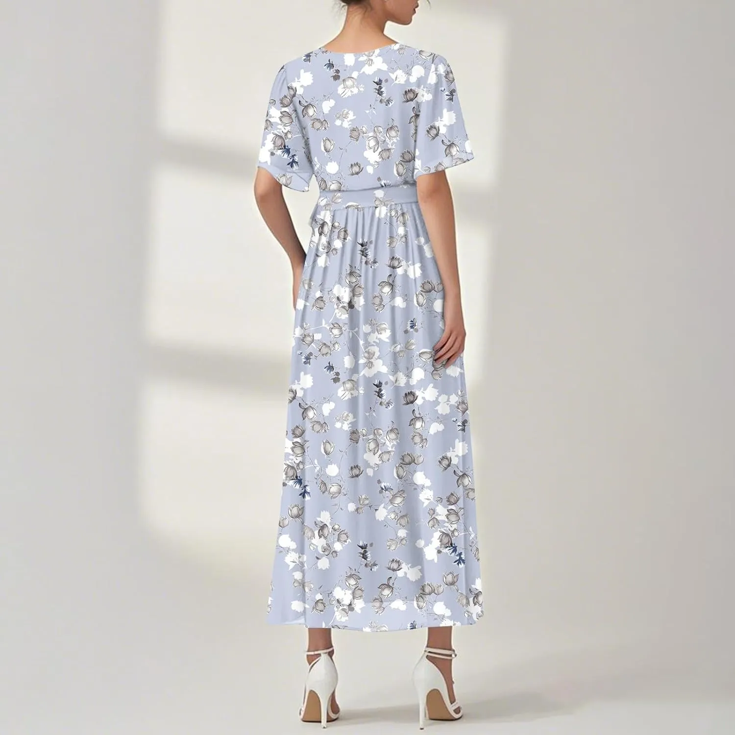 Floral Maxi Dresses for Women 2025 Vacation Casual Short Sleeve V Neck Long Flowy Dress Modest A Line Wrap Dress