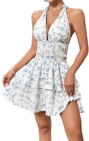 Floral Mini Dress for Women Sexy Deep V Neck Backless Hlater Dress Tiered Ruffle Cocktail Party Short Dresses