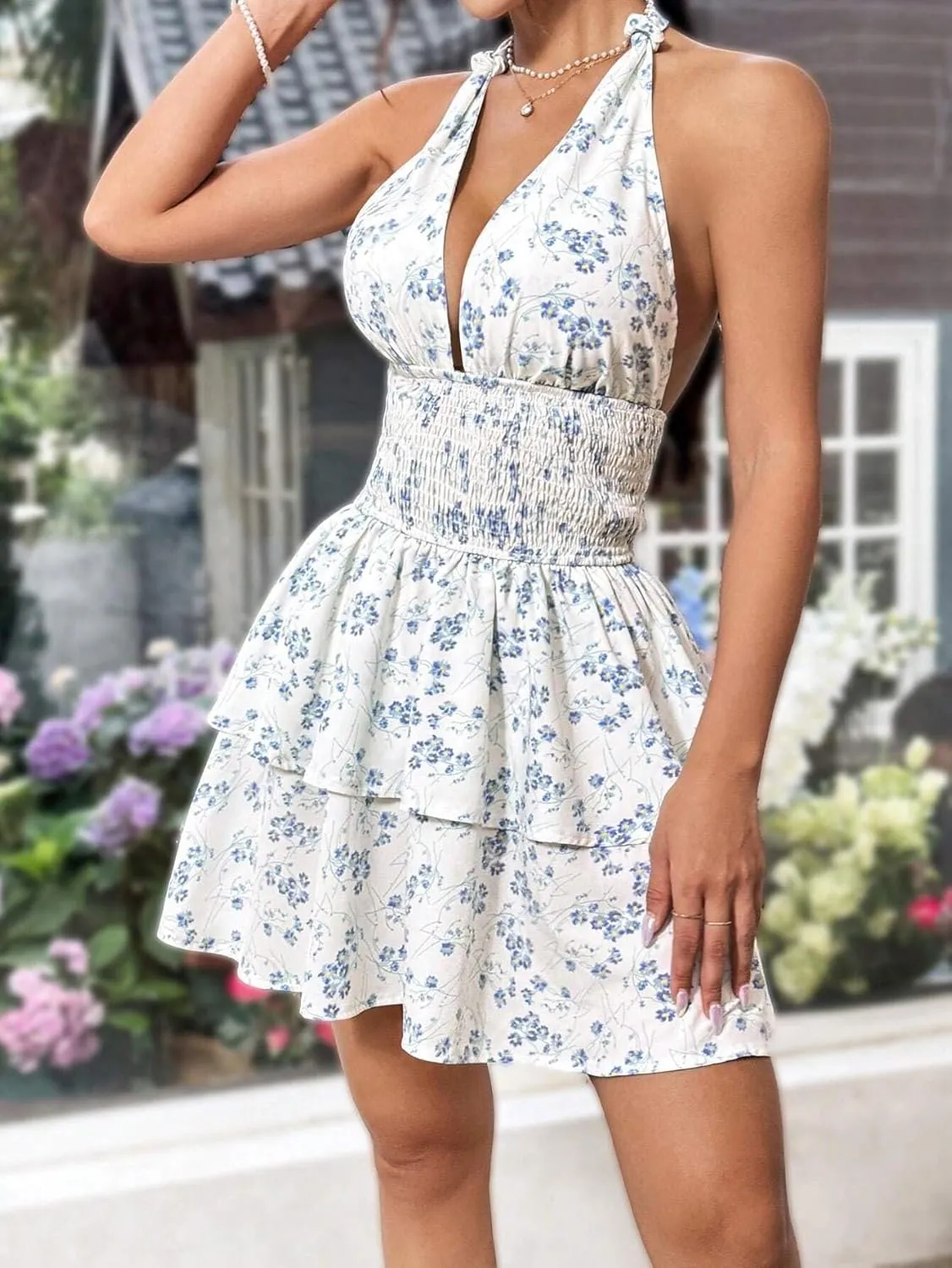 Floral Mini Dress for Women Sexy Deep V Neck Backless Hlater Dress Tiered Ruffle Cocktail Party Short Dresses