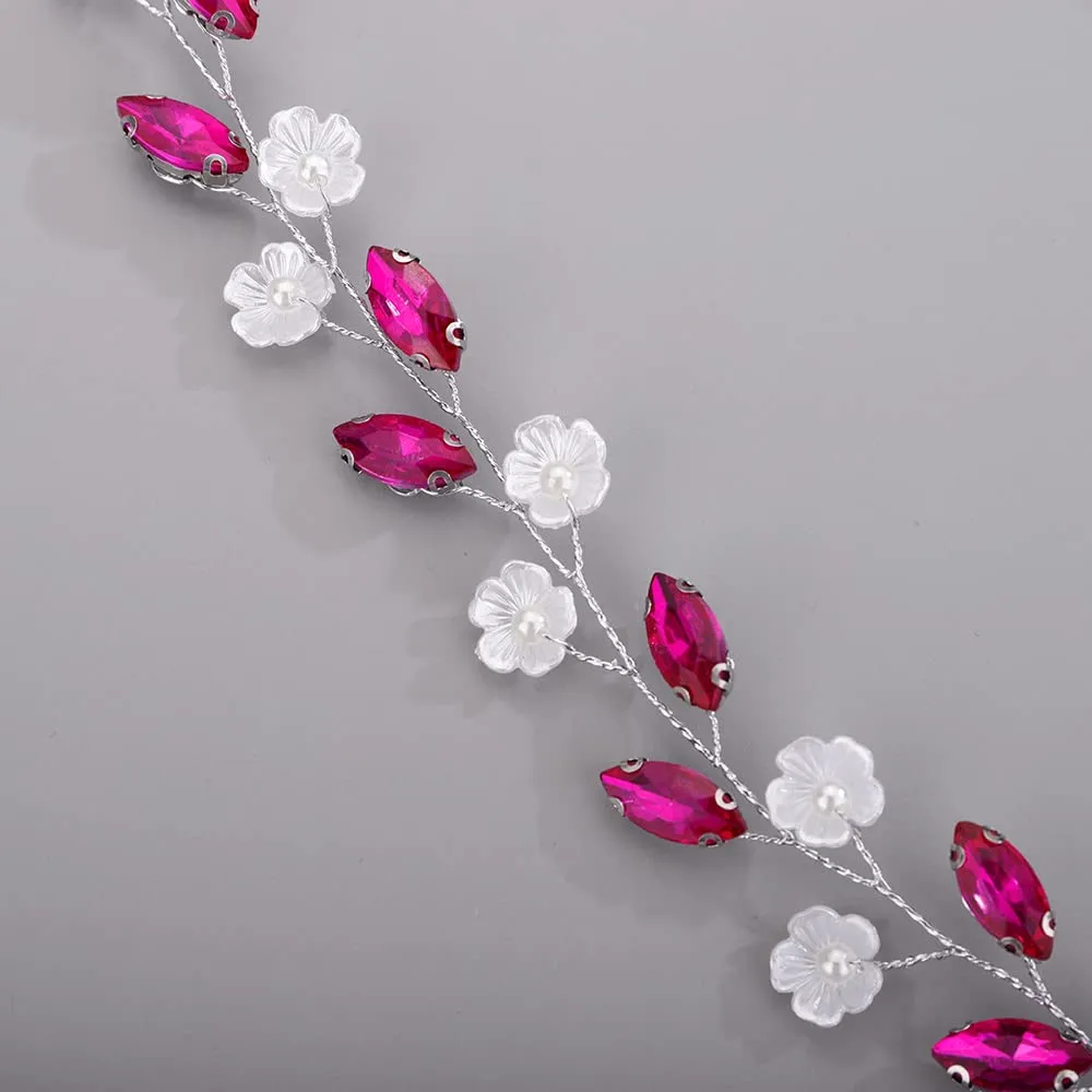 Flower Crystal Headband for Bride Women Girls Crystal Wedding Hair Vine Cute Bridal Headband Pink
