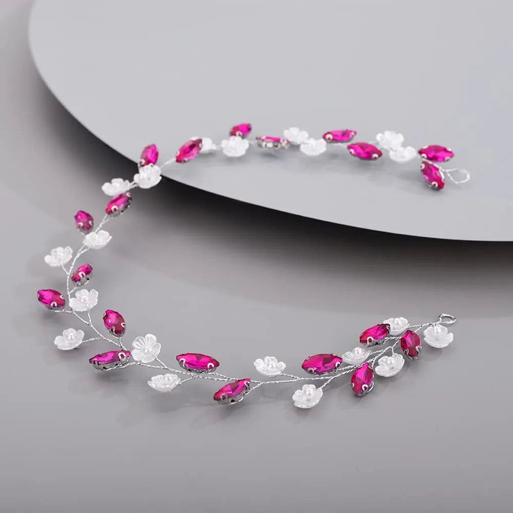 Flower Crystal Headband for Bride Women Girls Crystal Wedding Hair Vine Cute Bridal Headband Pink
