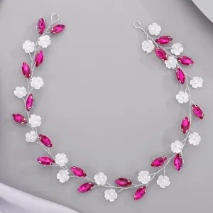Flower Crystal Headband for Bride Women Girls Crystal Wedding Hair Vine Cute Bridal Headband Pink