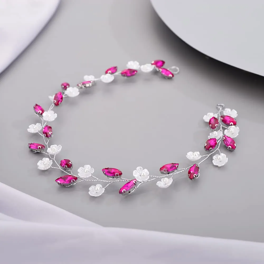 Flower Crystal Headband for Bride Women Girls Crystal Wedding Hair Vine Cute Bridal Headband Pink
