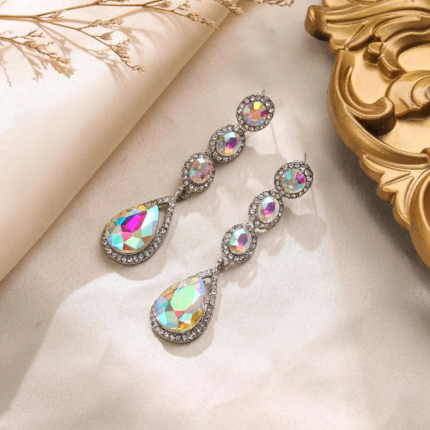 Flyonce Wedding Bridal Rhinestone Crystal Multi Teardrop Pierced Dangle Earrings