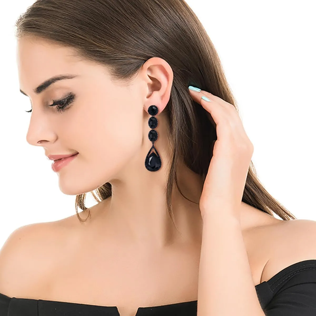 Flyonce Wedding Bridal Rhinestone Crystal Multi Teardrop Pierced Dangle Earrings