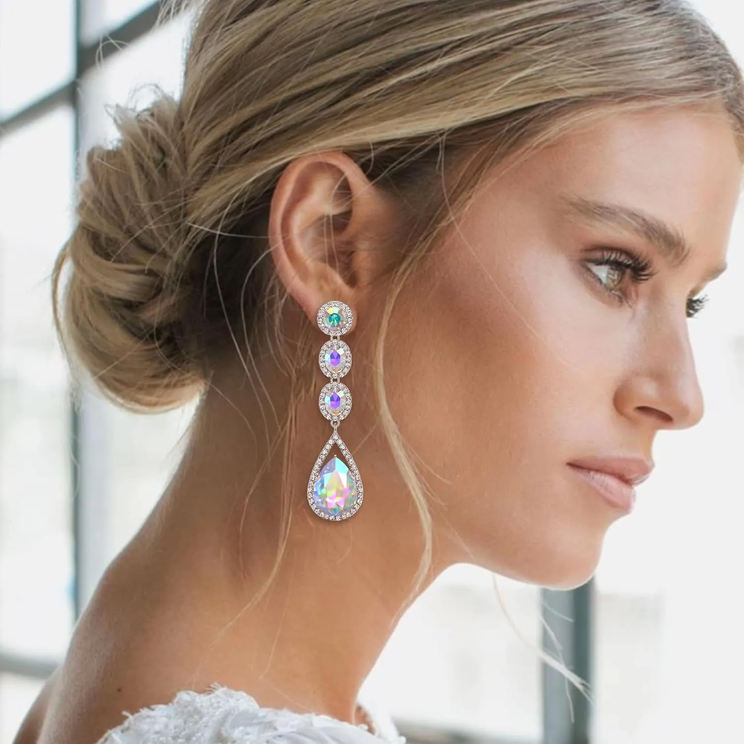 Flyonce Wedding Bridal Rhinestone Crystal Multi Teardrop Pierced Dangle Earrings