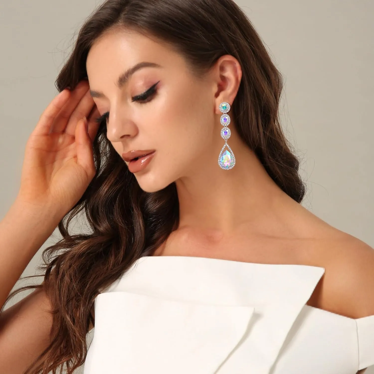 Flyonce Wedding Bridal Rhinestone Crystal Multi Teardrop Pierced Dangle Earrings