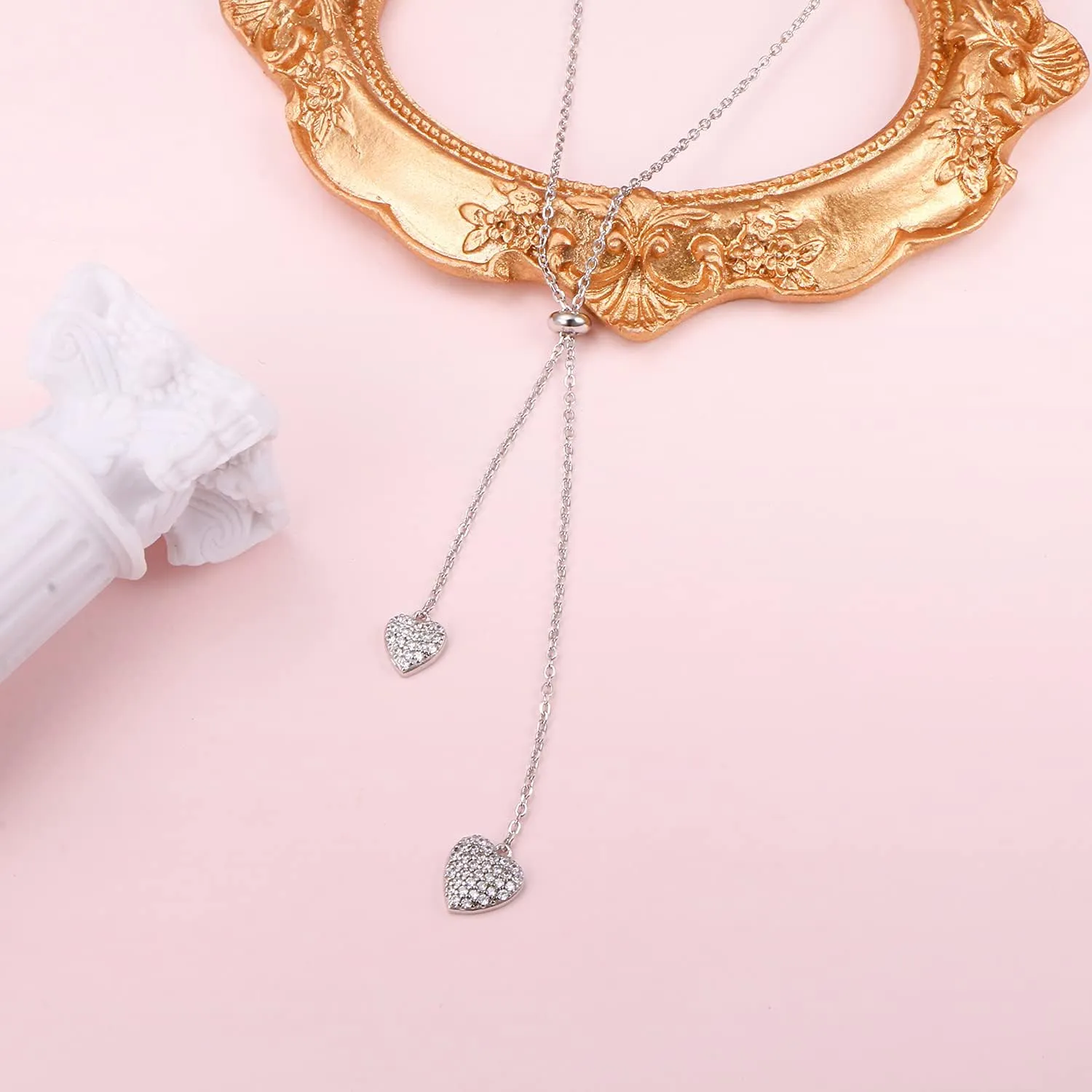 FLYOW Long Chain Dainty Lariat Necklace Simple Style 925 Sterling Silver Heart Pendant Adjustable Y Shaped Necklace Jewelry