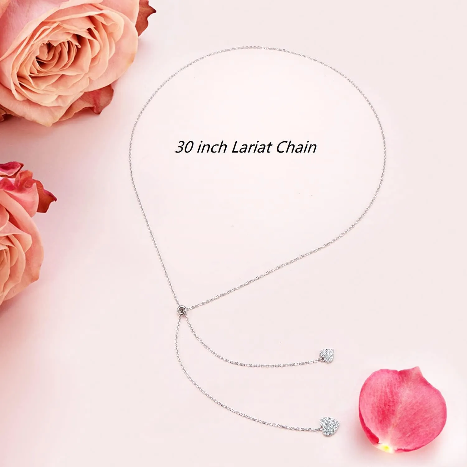 FLYOW Long Chain Dainty Lariat Necklace Simple Style 925 Sterling Silver Heart Pendant Adjustable Y Shaped Necklace Jewelry