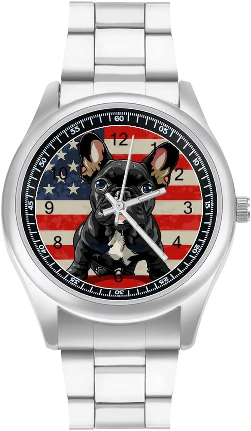 French Bulldog Watches Stainless Steel Band Wristwatch Business Dress Watch for Work Home