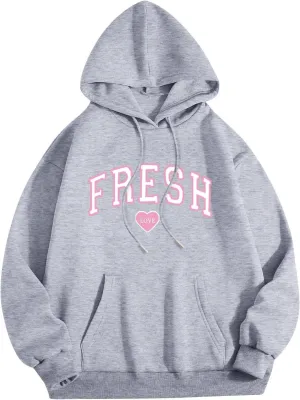 Fresh Hoodie Oversized Pink Letter Graphic Long Sleeve Casual Pocket Love Streetwear Baggy Preppy Pollover Top