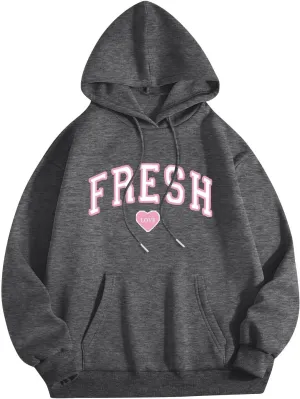 Fresh Hoodie Oversized Pink Letter Graphic Long Sleeve Casual Pocket Love Streetwear Baggy Preppy Pollover Top