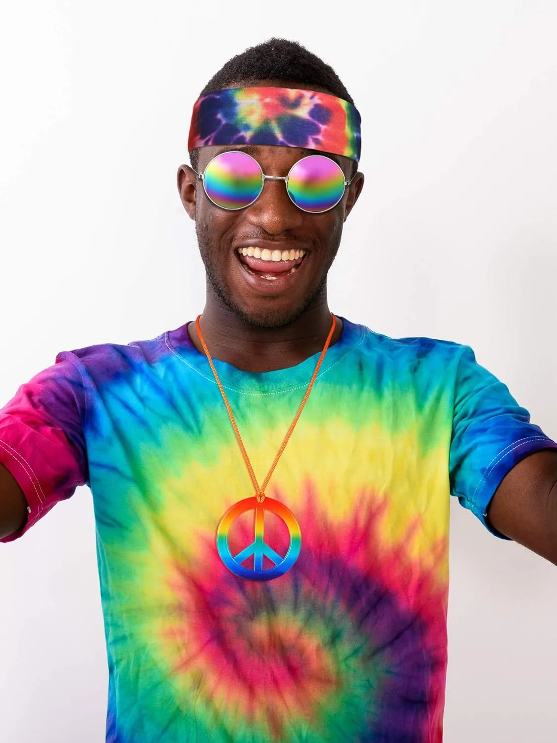 Frienda Hippie Costume Set, Hippie Sunglasses, Peace Sign Necklace and Tie Dye Headband for 60s 70s Accessories