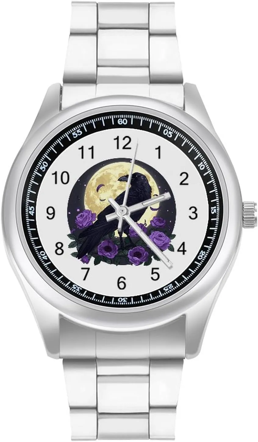 Full Moon Gothic Witchy Crow Roses Mystical Watches Stainless Steel Band Wristwatch Business Dress Watch for Work Home