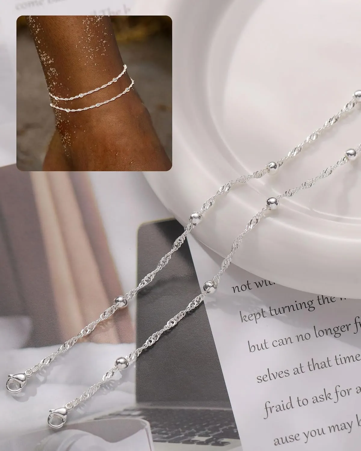 FUNEIA Gold Silver Ankle Bracelets for Women Waterproof 14K Gold Plated Anklets for Women Non Tarnish Dainty Layered Beaded Heart Anklet Set Summer Beach Foot Chain Jewelry Gifts Trendy Stuff