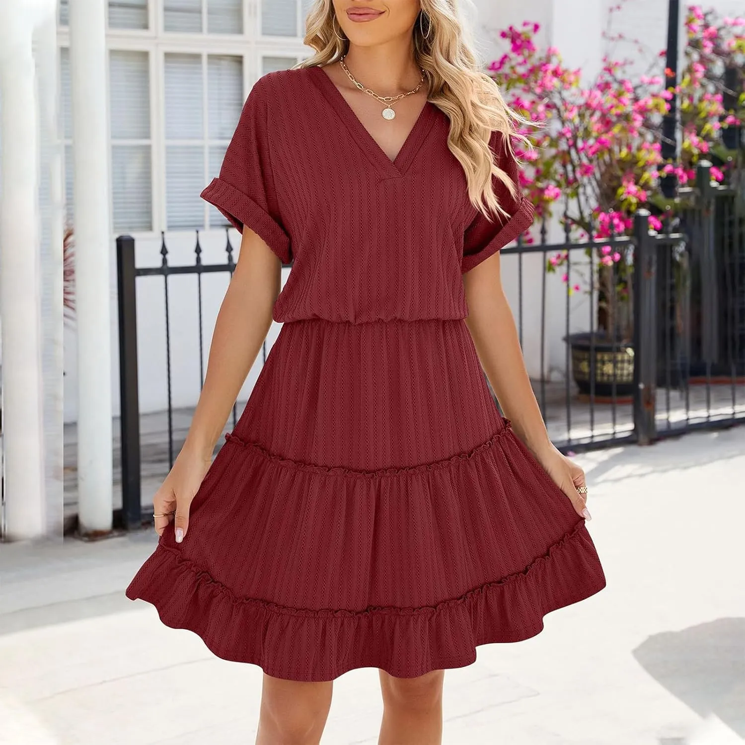 FZYLQY A Line Dresses for Womens Summer V Neck Short Sleeve Ruffle Tiered Dress Flowy Casual Trendy Mini Beach Sundress