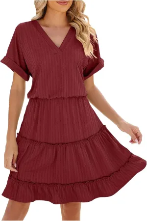 FZYLQY A Line Dresses for Womens Summer V Neck Short Sleeve Ruffle Tiered Dress Flowy Casual Trendy Mini Beach Sundress