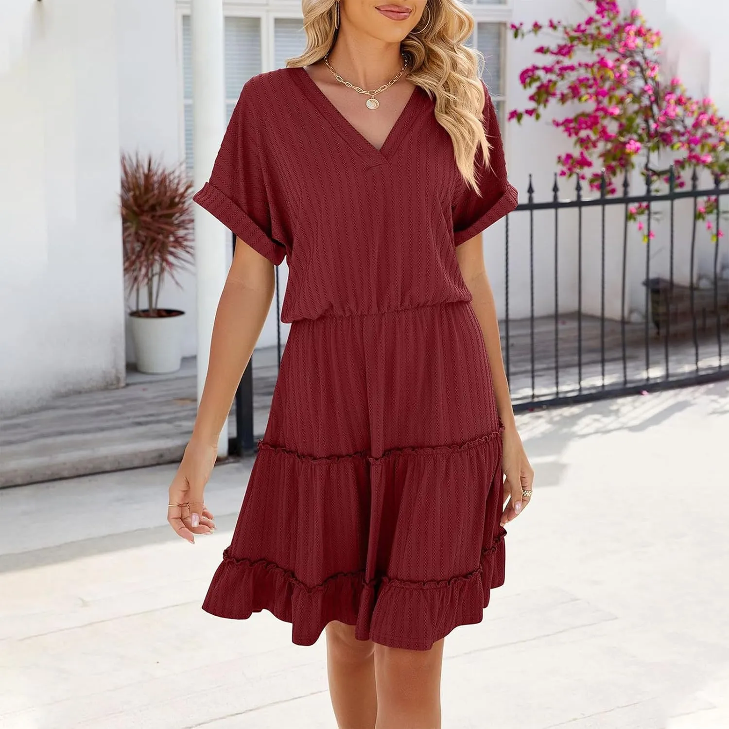 FZYLQY A Line Dresses for Womens Summer V Neck Short Sleeve Ruffle Tiered Dress Flowy Casual Trendy Mini Beach Sundress
