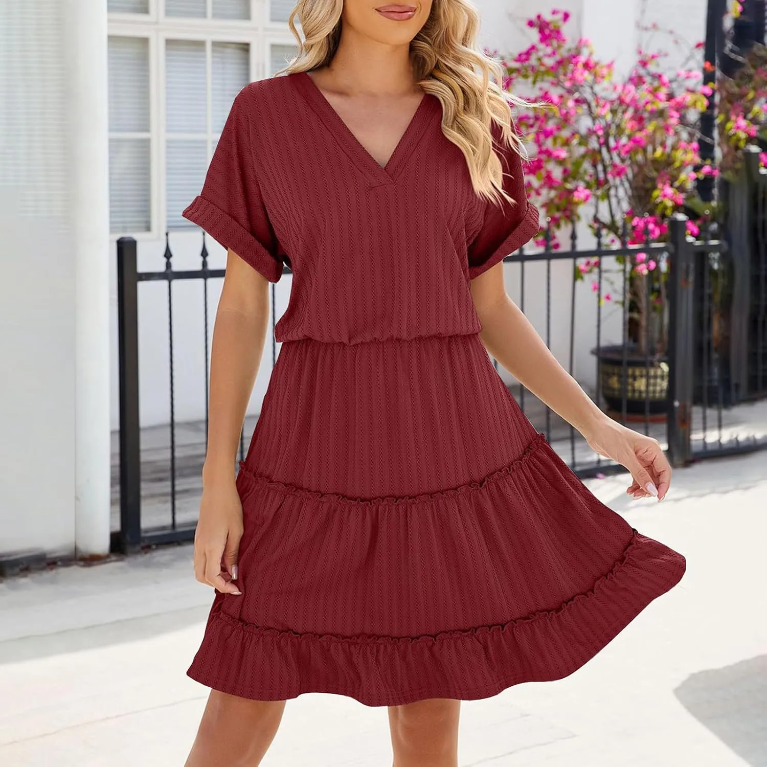 FZYLQY A Line Dresses for Womens Summer V Neck Short Sleeve Ruffle Tiered Dress Flowy Casual Trendy Mini Beach Sundress
