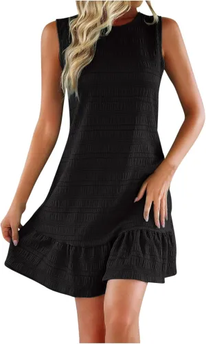 FZYLQY Summer Dresses for Woman Sleeveless Dress Casual Smock Ruffle Hem Tunic Shift Mini Tank Dress 2025 Fashion Travel Wear