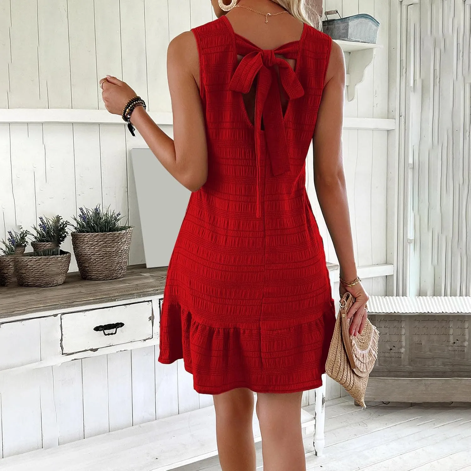 FZYLQY Summer Dresses for Woman Sleeveless Dress Casual Smock Ruffle Hem Tunic Shift Mini Tank Dress 2025 Fashion Travel Wear
