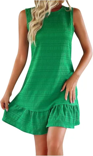 FZYLQY Summer Dresses for Woman Sleeveless Dress Casual Smock Ruffle Hem Tunic Shift Mini Tank Dress 2025 Fashion Travel Wear