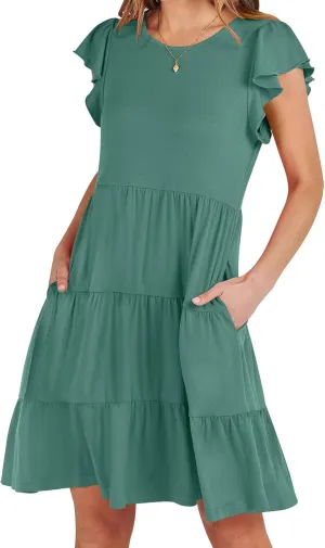 FZYLQY Swing Summer Dress for Women Ruffles Cap Sleeve Short Mini Dress Beach Vacation Tiered Boho Dress Cute Babydoll Dress