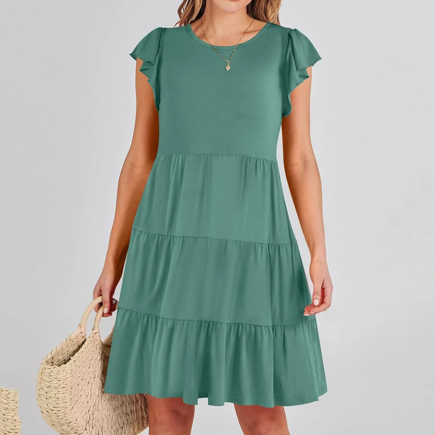 FZYLQY Swing Summer Dress for Women Ruffles Cap Sleeve Short Mini Dress Beach Vacation Tiered Boho Dress Cute Babydoll Dress