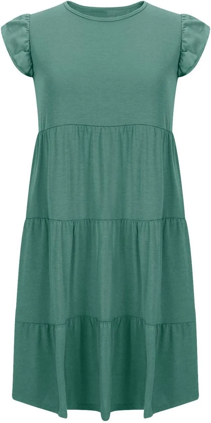 FZYLQY Swing Summer Dress for Women Ruffles Cap Sleeve Short Mini Dress Beach Vacation Tiered Boho Dress Cute Babydoll Dress