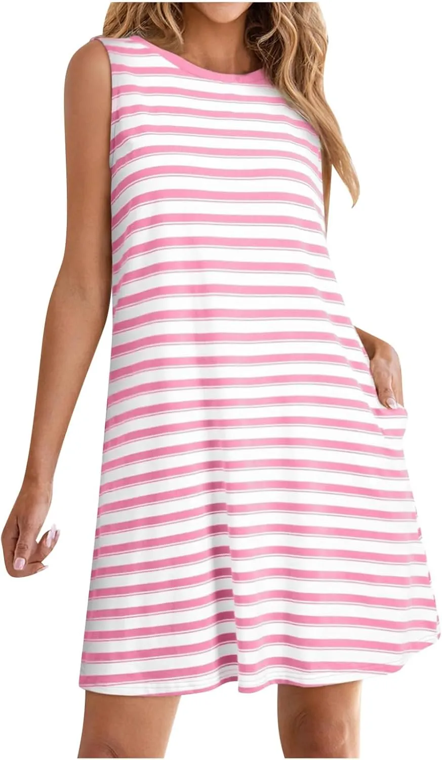 FZYLQY Women Summer Dress 2025 Striped Print Sleeveless Tank Dress Casual Loose Beach Sundress with Pockets for Ladies