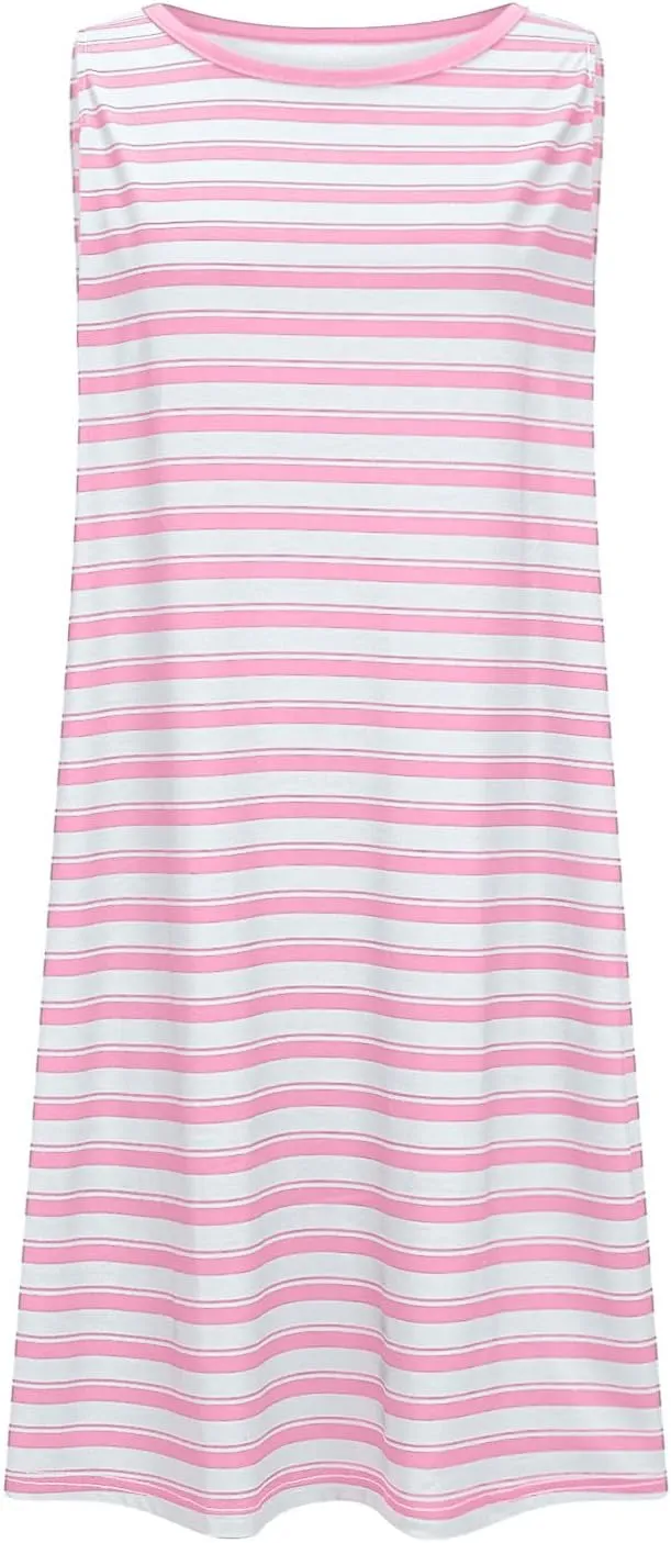 FZYLQY Women Summer Dress 2025 Striped Print Sleeveless Tank Dress Casual Loose Beach Sundress with Pockets for Ladies