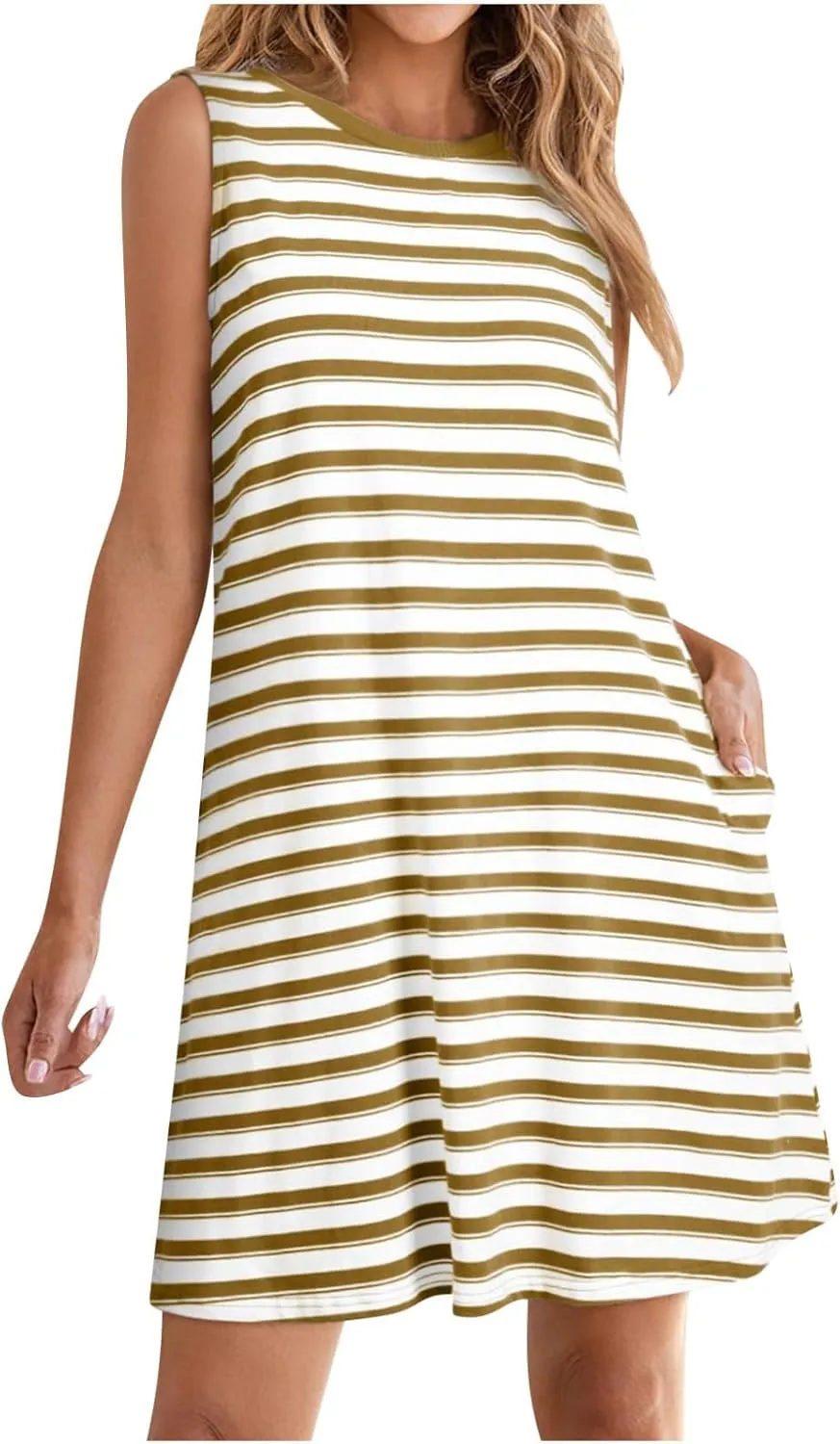 FZYLQY Women Summer Dress 2025 Striped Print Sleeveless Tank Dress Casual Loose Beach Sundress with Pockets for Ladies