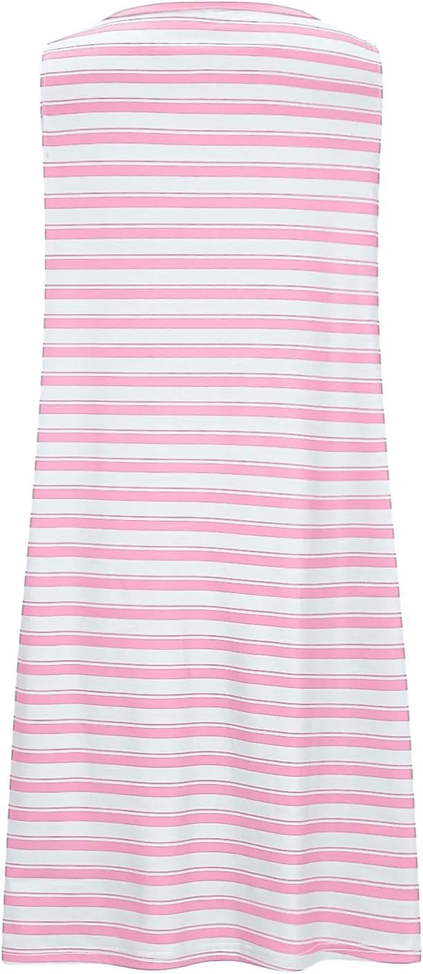 FZYLQY Women Summer Dress 2025 Striped Print Sleeveless Tank Dress Casual Loose Beach Sundress with Pockets for Ladies