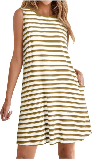 FZYLQY Women Summer Dress 2025 Striped Print Sleeveless Tank Dress Casual Loose Beach Sundress with Pockets for Ladies