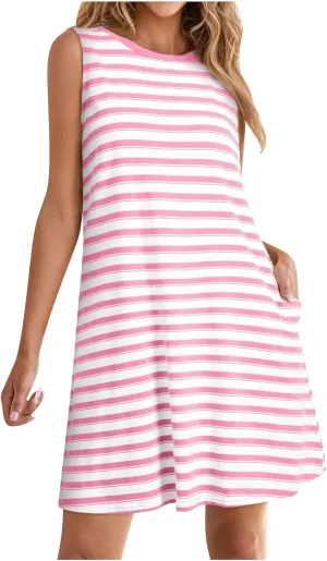 FZYLQY Women Summer Dress 2025 Striped Print Sleeveless Tank Dress Casual Loose Beach Sundress with Pockets for Ladies