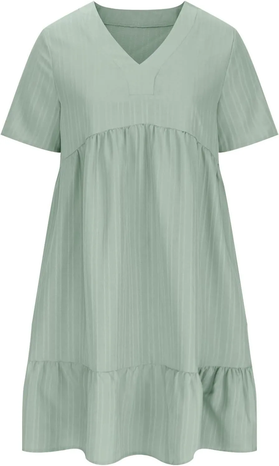 FZYLQY Womens Summer V Neck Dress 2025 Casual Short Sleeve Bohemian Mini Dress Flowy Ruffle A Line Beach Sundress for Ladies