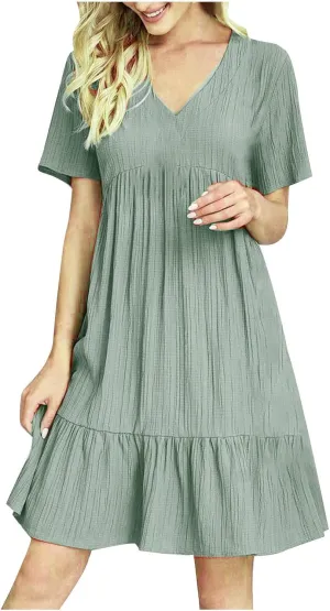 FZYLQY Womens Summer V Neck Dress 2025 Casual Short Sleeve Bohemian Mini Dress Flowy Ruffle A Line Beach Sundress for Ladies