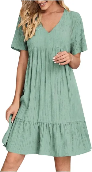FZYLQY Womens Summer V Neck Dress 2025 Casual Short Sleeve Bohemian Mini Dress Flowy Ruffle A Line Beach Sundress for Ladies