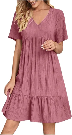 FZYLQY Womens Summer V Neck Dress 2025 Casual Short Sleeve Bohemian Mini Dress Flowy Ruffle A Line Beach Sundress for Ladies
