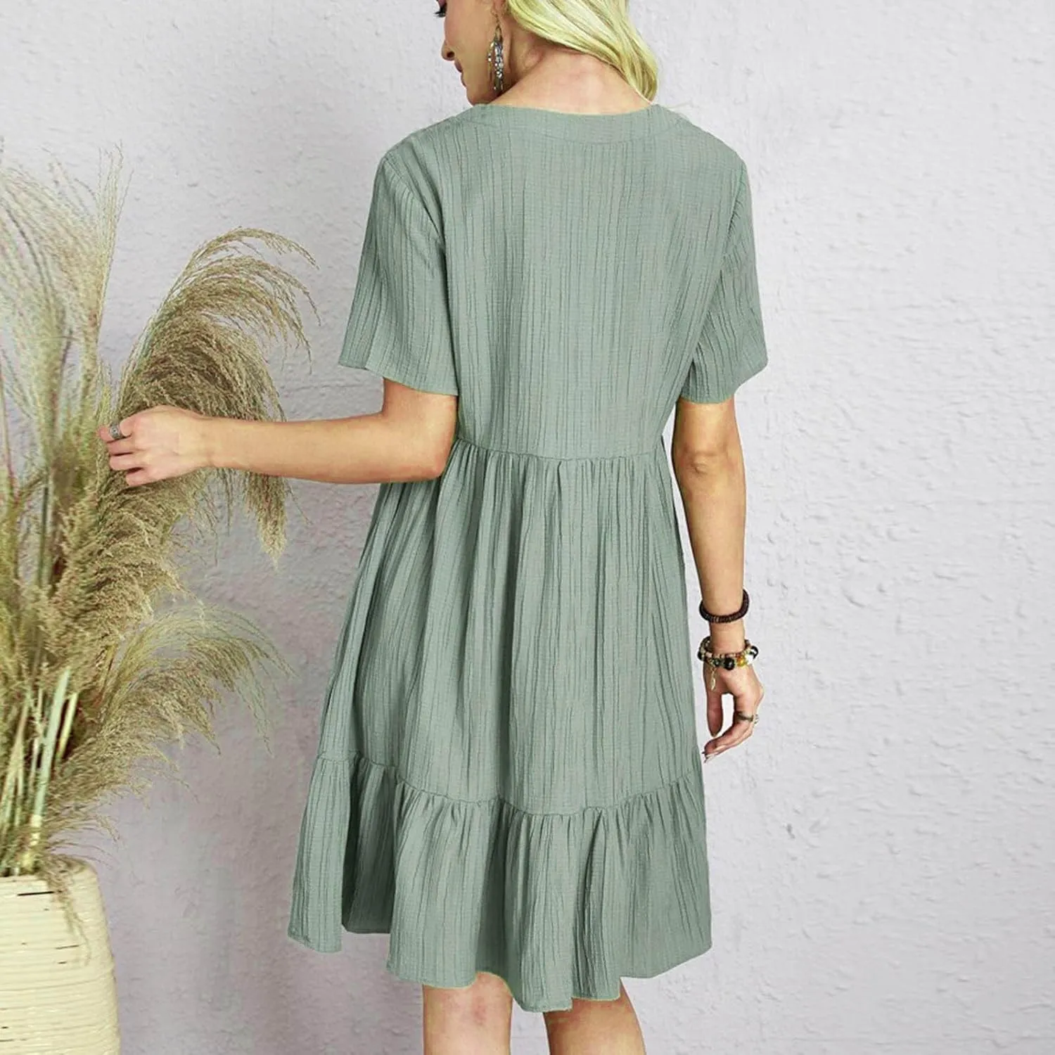 FZYLQY Womens Summer V Neck Dress 2025 Casual Short Sleeve Bohemian Mini Dress Flowy Ruffle A Line Beach Sundress for Ladies