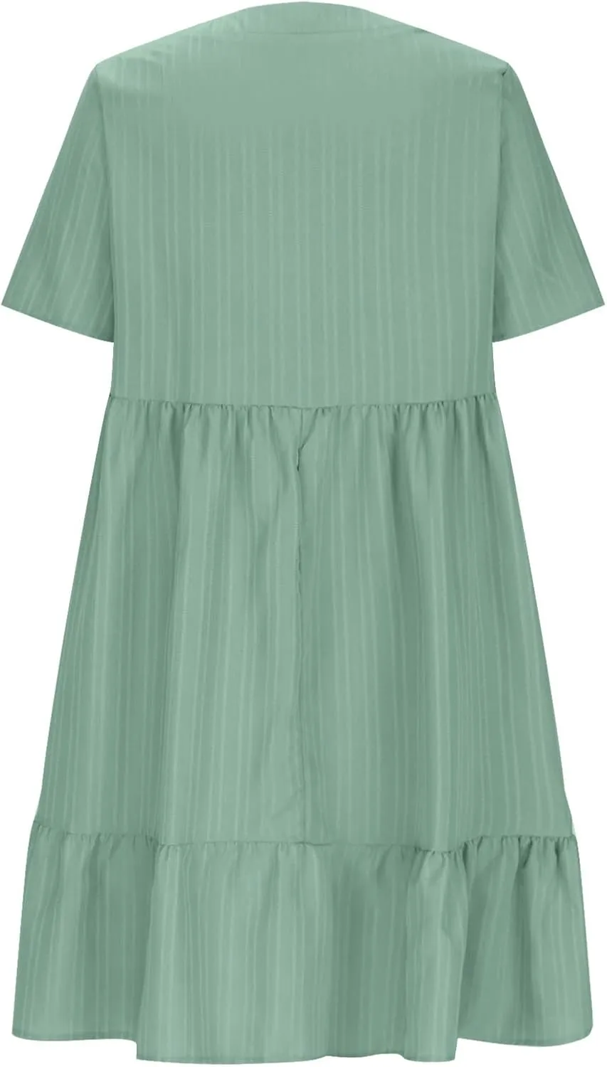 FZYLQY Womens Summer V Neck Dress 2025 Casual Short Sleeve Bohemian Mini Dress Flowy Ruffle A Line Beach Sundress for Ladies