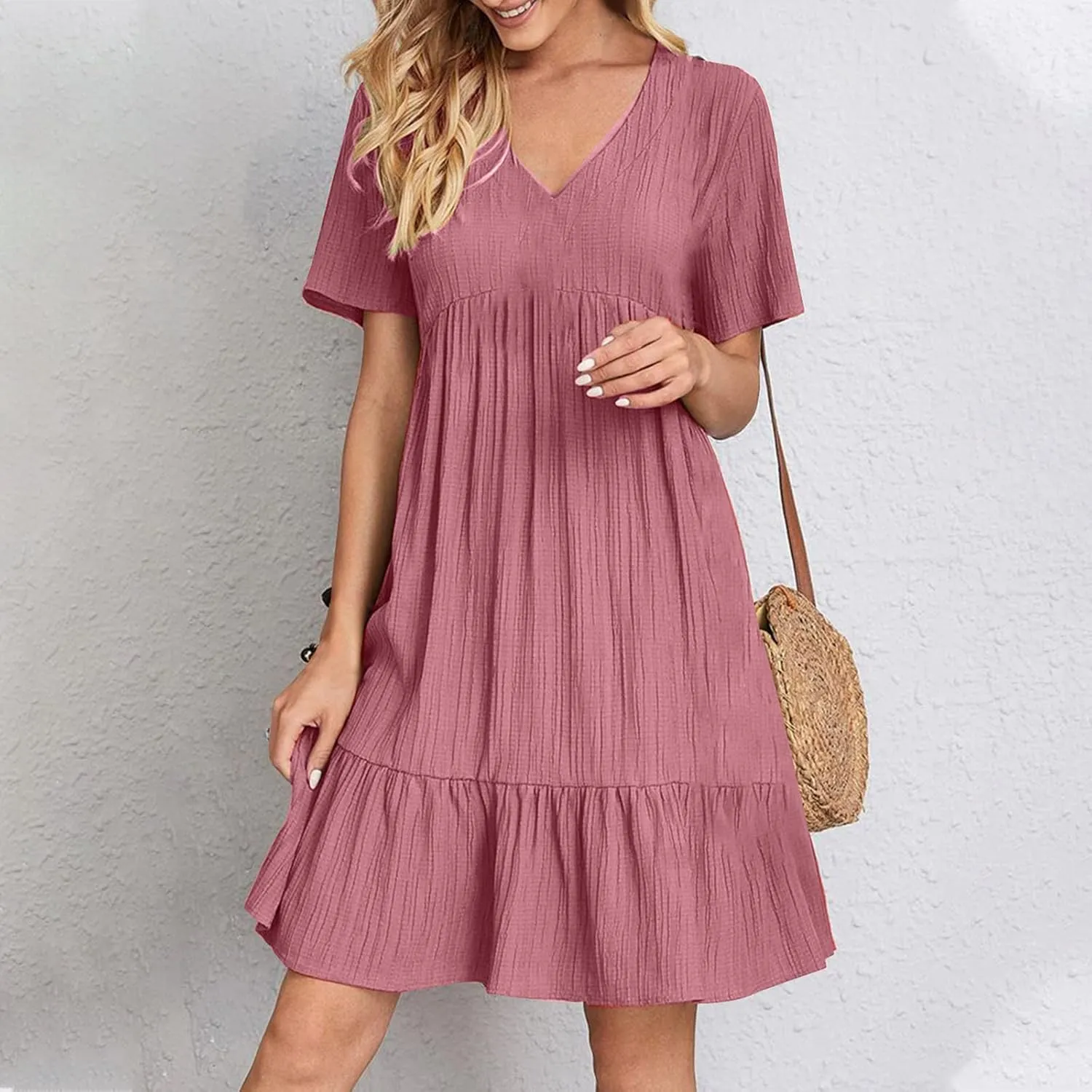 FZYLQY Womens Summer V Neck Dress 2025 Casual Short Sleeve Bohemian Mini Dress Flowy Ruffle A Line Beach Sundress for Ladies