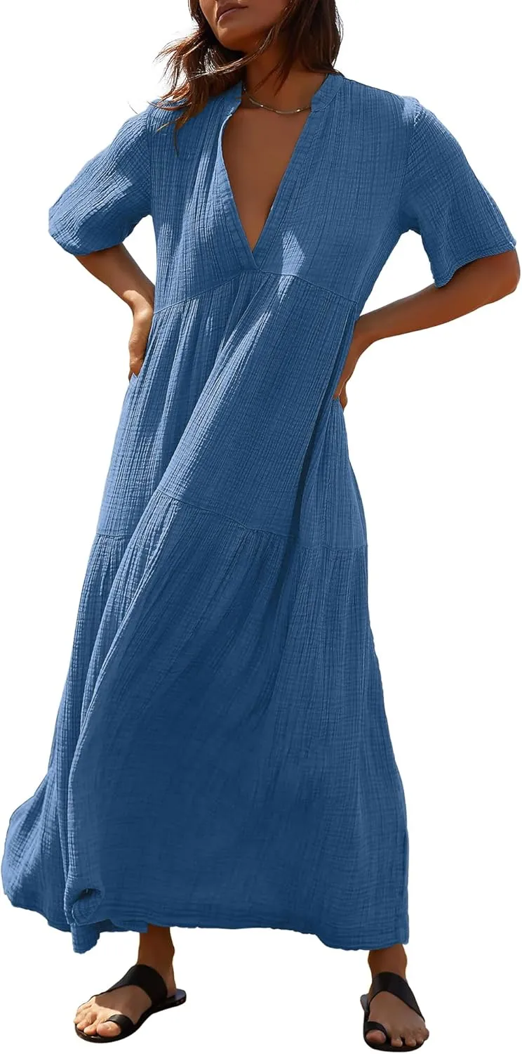 Gacaky Summer Dress for Women Casual Short Sleeve Deep V Neck Sundress Flowy Loose Beach Long Dress
