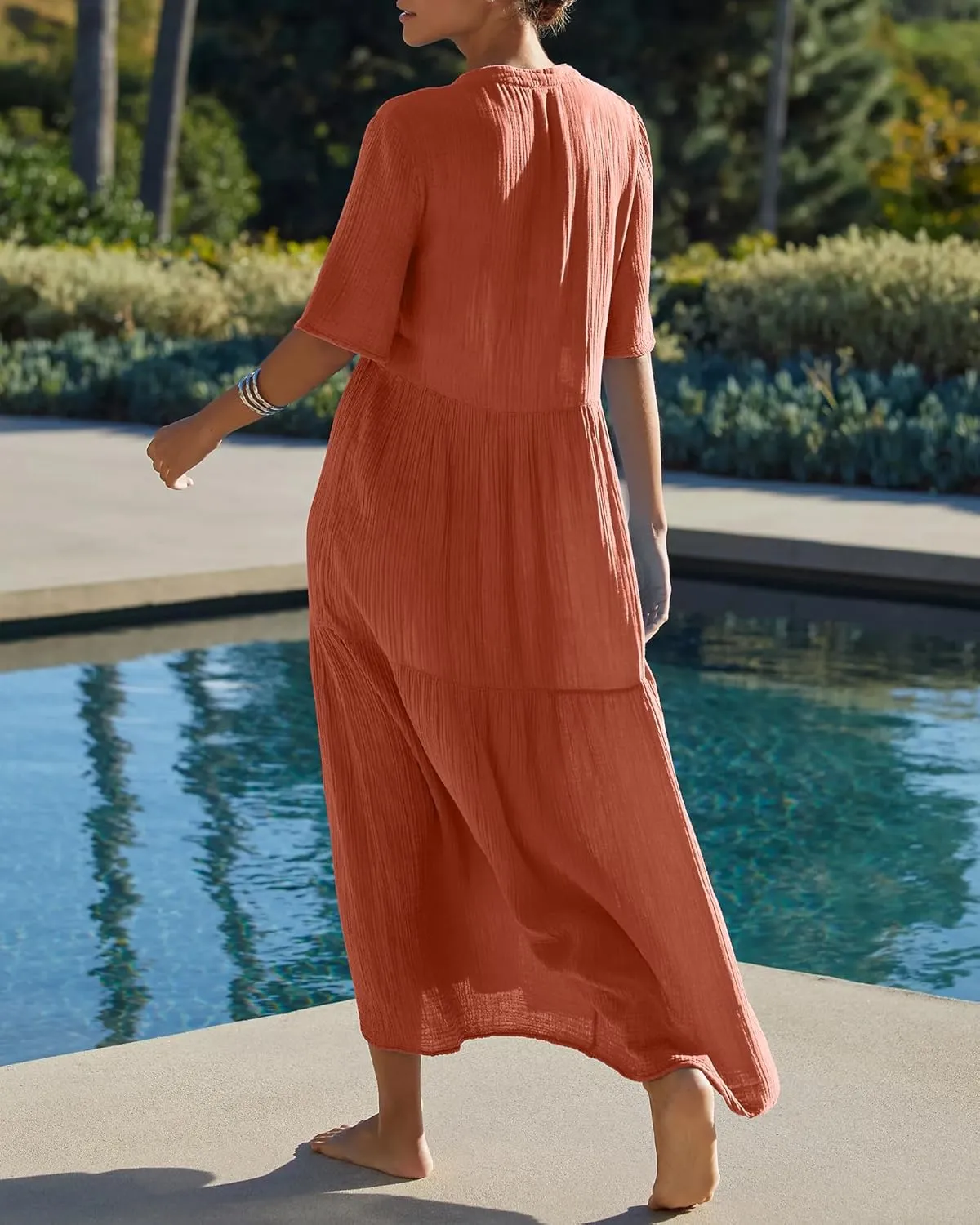 Gacaky Summer Dress for Women Casual Short Sleeve Deep V Neck Sundress Flowy Loose Beach Long Dress