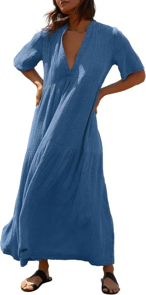 Gacaky Summer Dress for Women Casual Short Sleeve Deep V Neck Sundress Flowy Loose Beach Long Dress